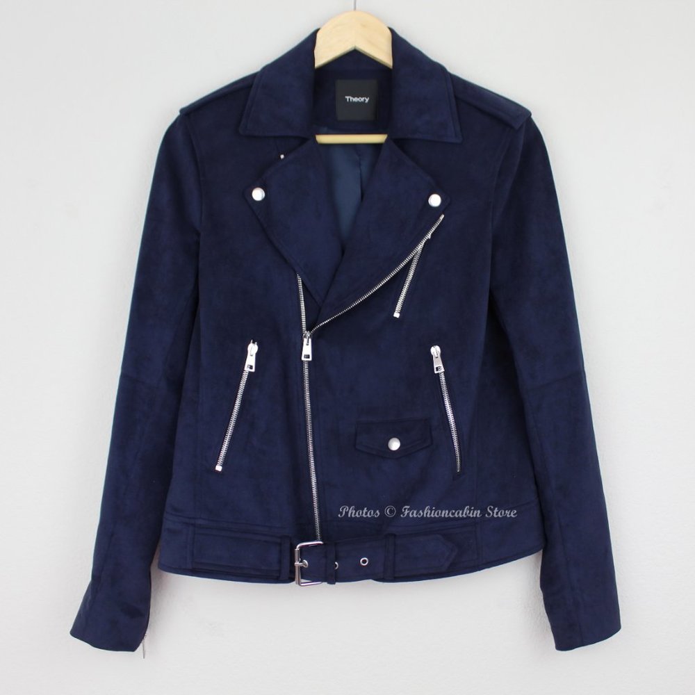 NWT Theory Small Moto Biker Jacket in Faux Suede Brilliant Navy